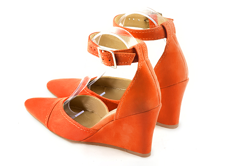 Clementine orange women's open side shoes, with a strap around the ankle. Tapered toe. High wedge heels. Rear view - Florence KOOIJMAN